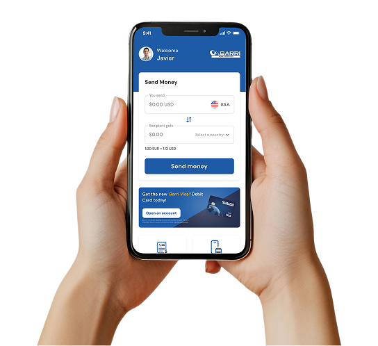 Person using Barri mobile app to send money internationally